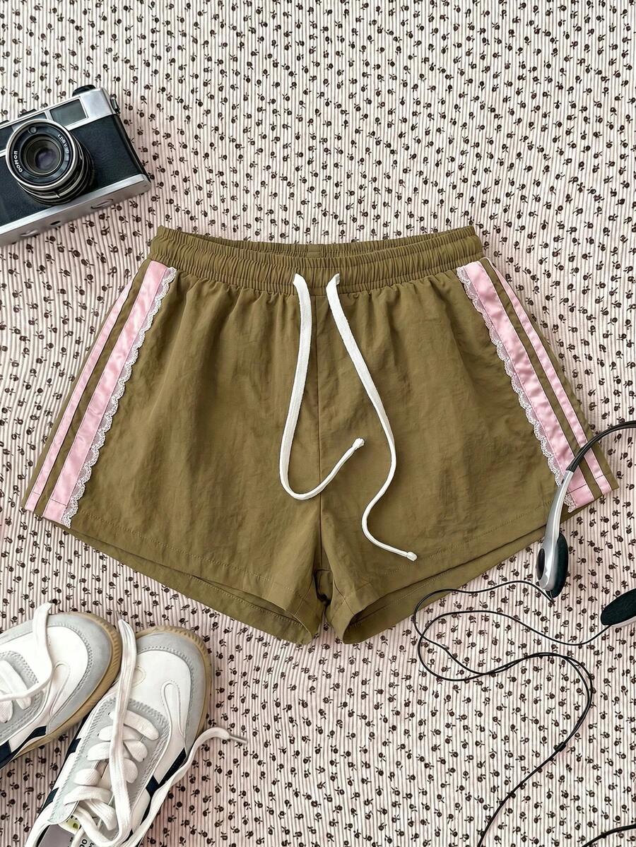 SHEIN Quần short dệt kim cạp chun có dây rút, phối ren tương phản, kiểu dáng thường ngày cho bé gái tuổi teen. - Nhiều màu - Xem 1