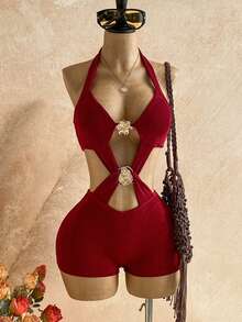 Soleia Women's Sexy Metal Decor Backless Halter Romper For Summer Party Night Elegant Vacation Holiday Red And Gold - Red - View 1