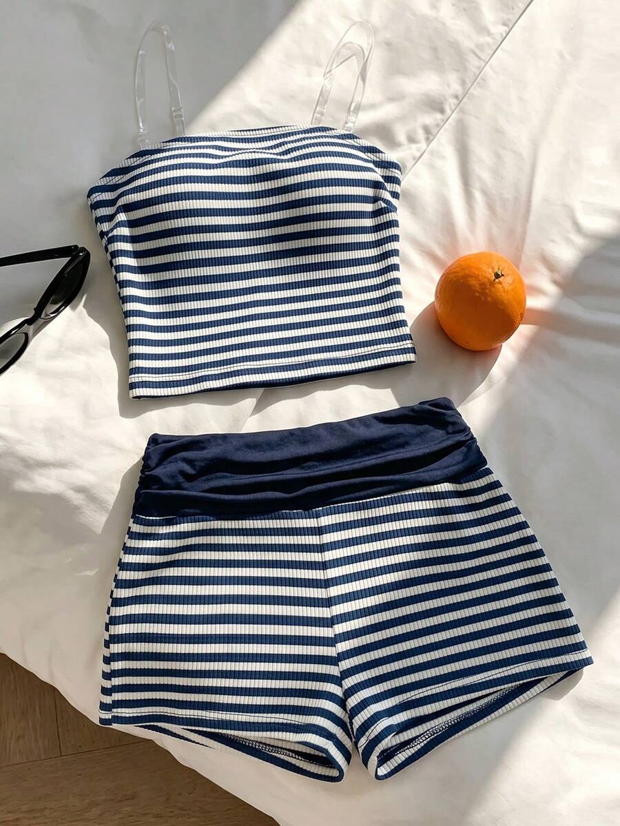SHEIN Bộ đồ cho bé gái tuổi teen gồm áo quây kẻ sọc và quần short bó sát cạp gập, thích hợp cho kỳ nghỉ. - Nhiều màu - Xem 1