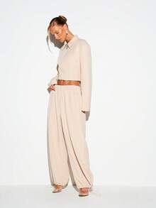 KIZN Tailored Balloon Trousers Wide Leg Elastic Waist Cinched Ankle Drawstring Chic Casual Suit Pants - Apricot - View 1