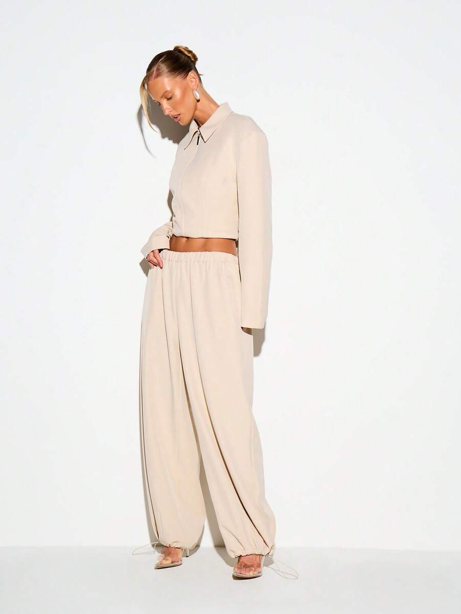 KIZN Tailored Balloon Trousers Wide Leg Elastic Waist Cinched Ankle Drawstring Chic Casual Suit Pants - Apricot - View 1