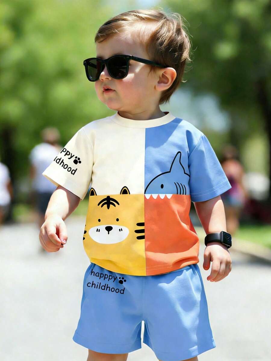 SHEIN Playful Pals 男婴可爱卡通动物拼接撞色圆领T恤和印花短裤套装，适合夏季穿着