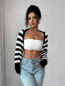 SHEIN Raffinéa Women's Striped Contrast Color Cropped Long Sleeve Cardigan - Black and White - View 7