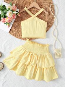 SHEIN Tween Girls Spring & Summer Sleeveless Knit Jacquard Textured Camisole Top With Ruffle Hem A-Line Skirt Shorts 2-Piece Set, Light Yellow - Yellow - View 2