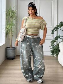 SHEIN EZwear Plus Size Women Striped Asymmetrical Shoulder T-Shirt - Multicolor - View 4