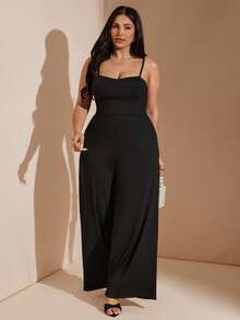SHEIN BAE CURVE 加大码黑色吊带连体裤 - 黑色 - 查看 5