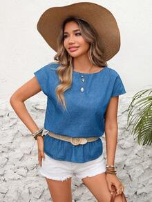 SHEIN LUNE Atasan Denim Lengan Pendek Kasual untuk Liburan Musim Panas Wanita - Biru - View 6