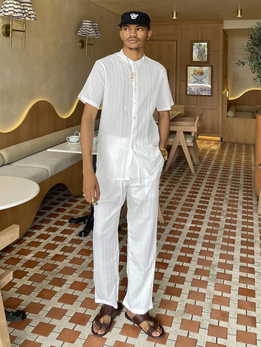 Ngobest Haus Ngobest Haus 2pcs Men Casual Solid Color Textured Short Sleeve Shirt And Drawstring Waist Loose Straight-Leg Pants Set, Men Two Pieces Outfits, Men Clothes, Cozy Outfits - White - View 1