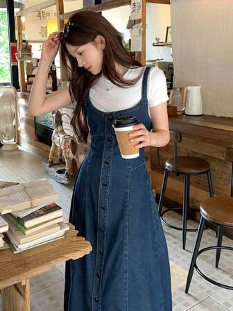DAZY Women's Washed Casual Denim Jumpsuit Dress Cute Tops