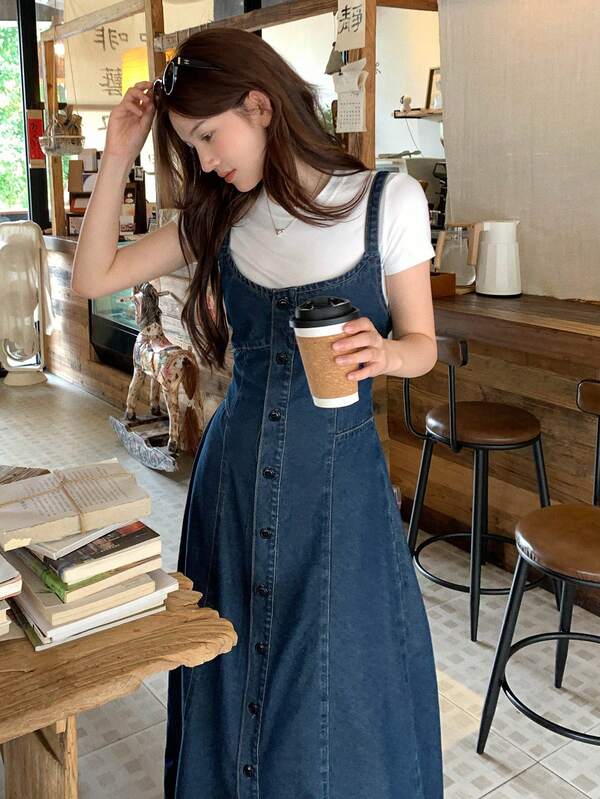 DAZY Women's Washed Casual Denim Jumpsuit Dress