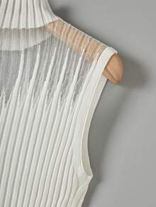 SHEIN Franclia Áo dệt kim nữ cổ cao nhỏ màu trắng, chất liệu sợi cotton, xuyên thấu nhẹ, bề mặt vân dệt, phong cách casual đi chơi/du lịch, áo dệt kim mùa xuân/hè, áo mùa hè, quần áo mùa hè, set đồ mùa hè, đồ đi chơi, áo casual nữ, áo trắng, áo dệt kim lỗ hở - trắng - Xem 3