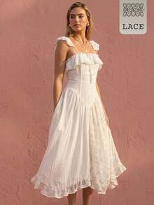 Rouah Boho Romantic Elegant Lace Mix Milk Maid Midi Dress - Perfect For Summer Occassion Day White Wedding Vacation Holiday - White - View 1