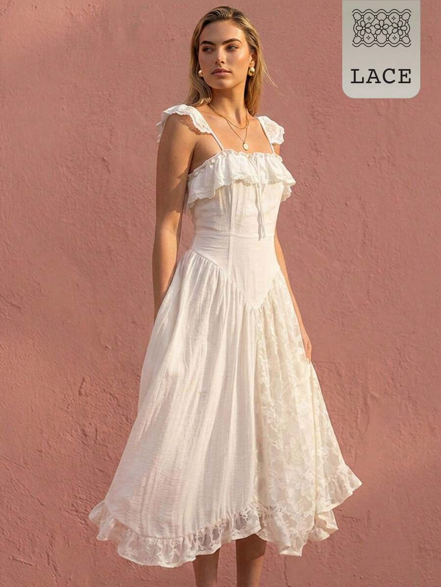 Rouah Boho Romantic Elegant Lace Mix Milk Maid Midi Dress - Perfect For Summer Occassion Day White Wedding Vacation Holiday - White - View 1