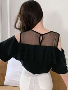 DAZY Mesh Panel Short Sleeve Round Neck Blouse With Ruffle Hem For Women Going Out Tops Summer - Black - View 2