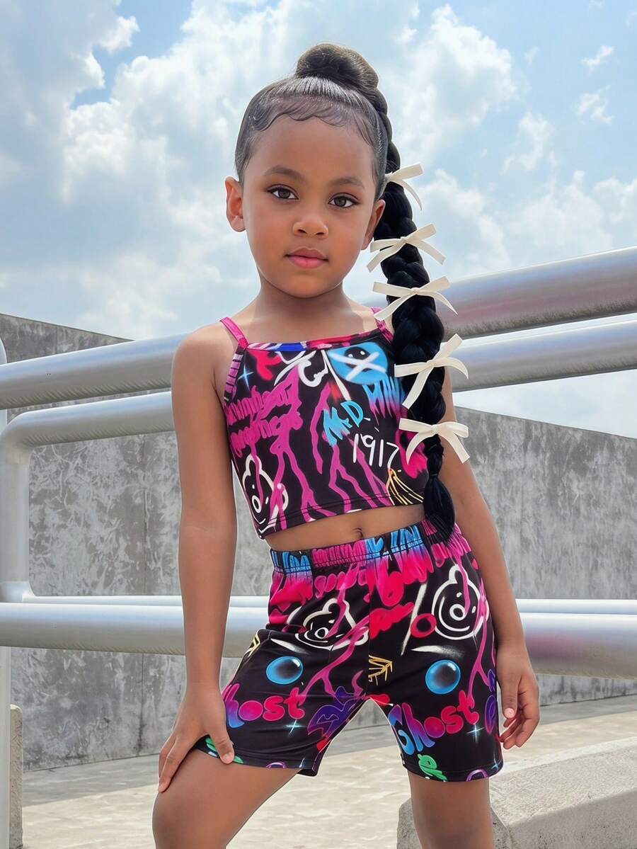Young Girl Young Girl Casual Printed Camisole And Shorts Set - Black - View 1