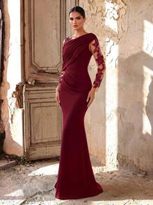 Aureia Elegante e romantico abito da sera in maglia elastica con contrasto in rete, asimmetrico sulle spalle, con orlo a sirena, adatto per eventi serali, appuntamenti, balli, matrimoni, luna di miele, San Valentino - Bordò - Visualizzare 5