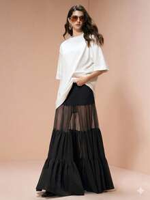 Arave Women's Chiffon Fabric With Safety Shorts, Multi-Layer Patchwork Maxi Skirt, Elegant For Party, Date - Black - View 5