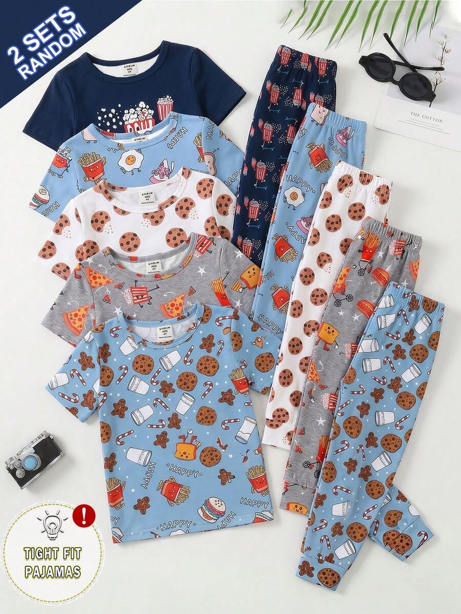 SHEIN GraphicGems 2套随机男童春夏时尚卡通汉堡王和可爱饼干/零食元素印花柔软针织面料舒适短袖紧身裤睡衣家居服 - 彩色 - 查看 1