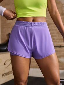 Powerista Pantalones cortos deportivos de mujer de unicolor, minimalistas y versátiles, de doble capa, para correr y hacer ejercicio - Morado - Ver 2