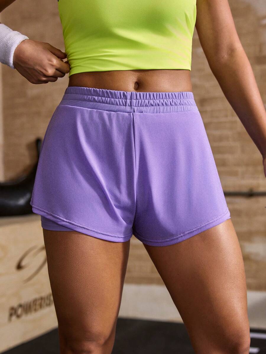 Powerista Pantalones cortos deportivos de mujer de unicolor, minimalistas y versátiles, de doble capa, para correr y hacer ejercicio