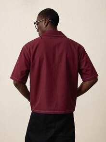 STYNVO Men's Casual Letter Print Zip-Up Short Sleeve Shirt, Summer - Burgundy - View 2