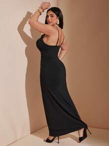 SHEIN BAE Plus Size Women's Elegant Black Sweetheart Neck Maxi Dress,Spaghetti Strap Slim Fit Bodycon Evening Gown,Autumn Night Out Club Party Glamorous Dress - Black - View 2