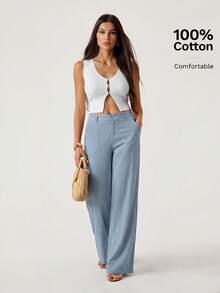 SHEIN Tall 100% Washed Cotton Low Waist Straight Pants, Tall Women - Dusty Blue - View 6