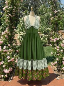 Sweetra Vestido sin mangas con cuello de halter, espalda descubierta, volantes en el bajo y estampado de cuadros para tallas grandes - Multicolor - Ver 1