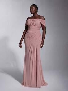 Elitara Große Größen elegantes luxuriöses rosa Mesh-Kleid, Off-Shoulder, Raffung und Meerjungfrauenschnitt, geeignet für Hochzeiten, formelle Anlässe, Brautmutterkleid - Altrosa - Übersicht 7