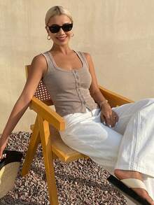 DAZY Women's Square Neck Fitted Ribbed Camisole Top, Summer - Khaki - View 4