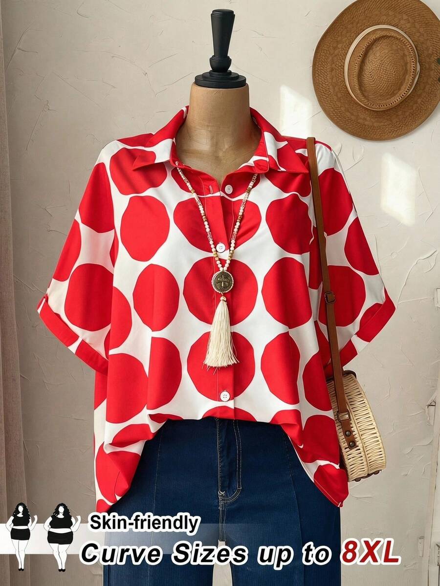SHEIN CURVE+ 大码女式宽松休闲白色短袖衬衫,适合假日和夏季海滩穿着,包括沙滩裙、海滩度假装、海滩必备单品、毕业典礼、下午茶会等场合,也适合夏季、乡村、海滩度假、海滩装扮等。 - 紅色 - 查看 1