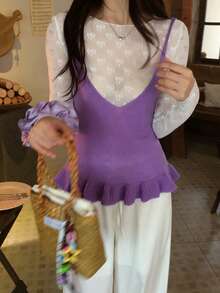 DAZY Women's Casual Spaghetti Strap Ruffle Trim Knit Camisole Top For Vacation - Purple - View 3