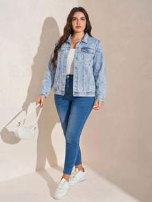 SHEIN LUNE Plus Size Washed Denim Jacket, Casual For Spring & Autumn - Light Wash - View 5