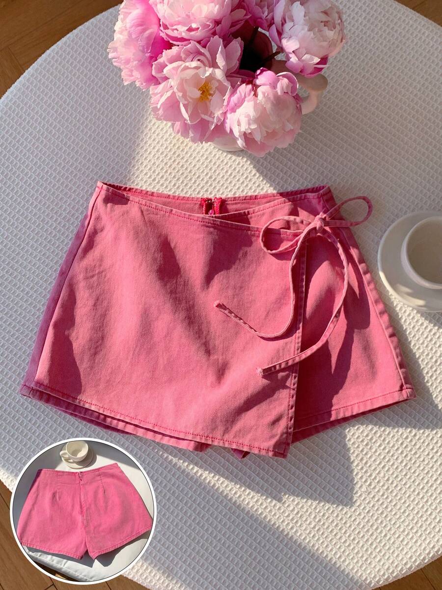 CovetEZ 女款柔粉色夏季休閒綁帶式圍裹牛仔裙褲,優雅社交野餐、生日海灘度假假期適用 - 粉色 - 查看 1