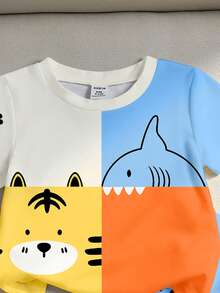 SHEIN Playful Pals 男婴可爱卡通动物拼接撞色圆领T恤和印花短裤套装，适合夏季穿着 - 彩色 - 查看 4
