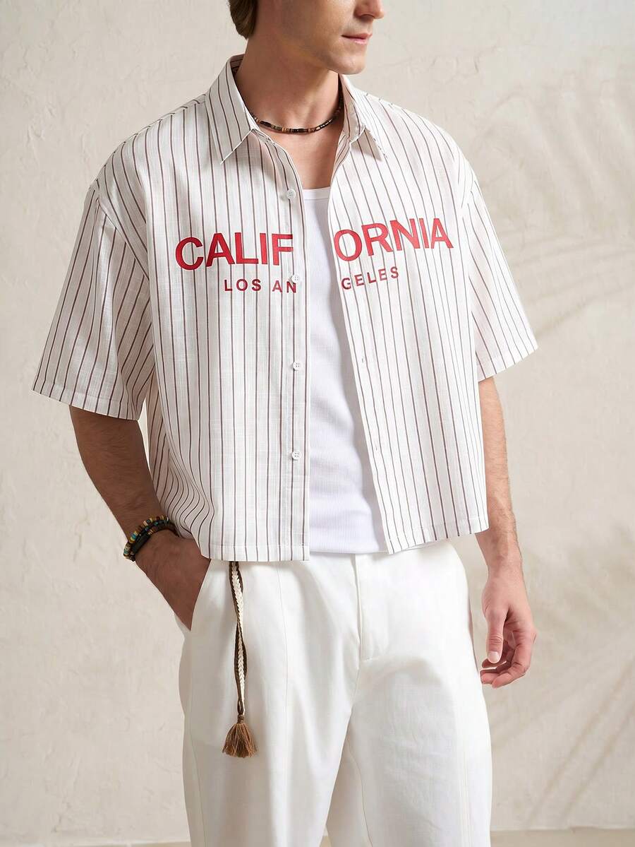 Airaco Men's Summer Letter Print Striped Shirt - White - View 1