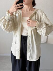 FRIFUL Kemeja Lengan Panjang Wanita Motif Garis - Khaki - View 2