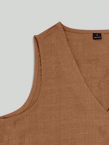 LUMIGAL Women's Solid Color V-Neck Pleated Top And Pants Casual Suit - Coffee Brown - View 6