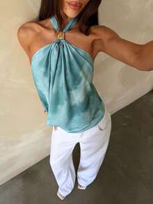 Aloruh Women's Backless Halter Top,Dusty Blue Chic Metal Decorative Buckle Shoulder Top,Summer Autumn Vacation New Year's Eve Summer Halter Neck Top - Multicolor - View 3