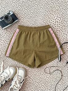 SHEIN Quần short dệt kim cạp chun có dây rút, phối ren tương phản, kiểu dáng thường ngày cho bé gái tuổi teen. - Nhiều màu - Xem 2