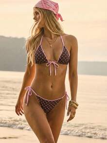 Aralina Bộ bikini hai mảnh họa tiết hoa buộc trước hình tam giác và buộc bên hông cho kỳ nghỉ hè tại khu nghỉ dưỡng mùa hè kèm túi bơi - Màu nâu Sô-cô-la - Xem 3