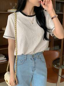 DAZY Color Block Texture Round Neck Loose Short Sleeve Women T-Shirt Summer - Apricot - View 7