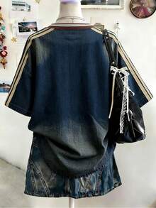 Lalippa Áo thun cổ chữ V nữ, phong cách chụp ảnh đường phố, món đồ không thể thiếu, thời trang và đa năng, trang phục ngày lễ, cổ chữ V, chất liệu giả denim, thiết kế phối màu, họa tiết đồ họa, số, màu đỏ tía, áo thun cổ chữ V nữ - Nhiều màu - Xem 2