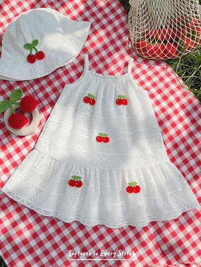Cozy Pixies Baby Girl Toddlers Cherry Print Knit Jacquard Casual Cami Dress, Suitable For Summer, Vacation, Beach, Outing