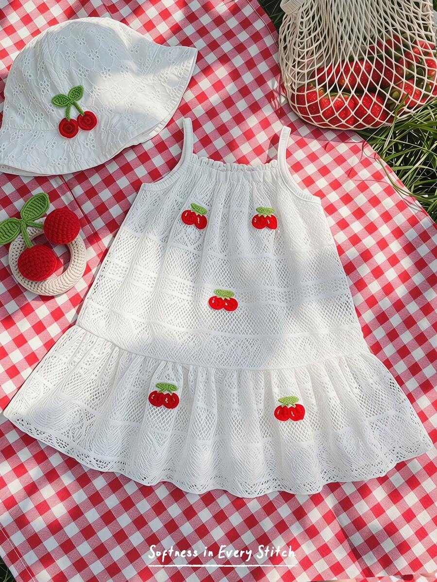 Cozy Pixies Đầm hai dây dệt kim họa tiết quả anh đào cho bé gái, thích hợp cho mùa hè, kỳ nghỉ, đi biển và dã ngoại. - trắng - Xem 1