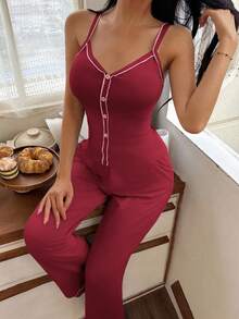 SHEIN Contrast Trim Camisole & Straight Leg Pants Women Pajama Set - Burgundy - View 5