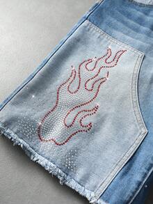 ROMWE MEN Men's Casual Loose Straight Leg Distressed Denim Shorts With Applique And Rhinestones - Blue - View 3