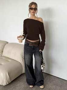 SHEIN BAE Women's Solid Color Ruched Asymmetric Collar Long Sleeve Top - Coffee Brown - View 5