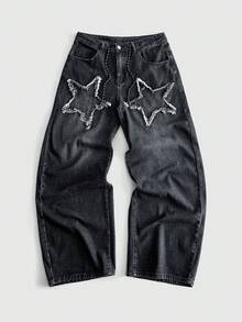 ROMWE MEN Street Life Jeans de mezclilla desgastados con bordado de estrella para hombres - Azul Negro - Ver 1