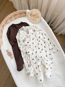 SHEIN Bộ 3 món áo liền quần dài tay dệt kim họa tiết hoa nhí dễ thương cho bé gái sơ sinh - Màu Khaki - Xem 7